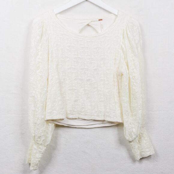 FREE PEOPLE Jasmine Lace Open Back Top Puff Sleeves Balletcore Feminine Sz M - Picture 2 of 6